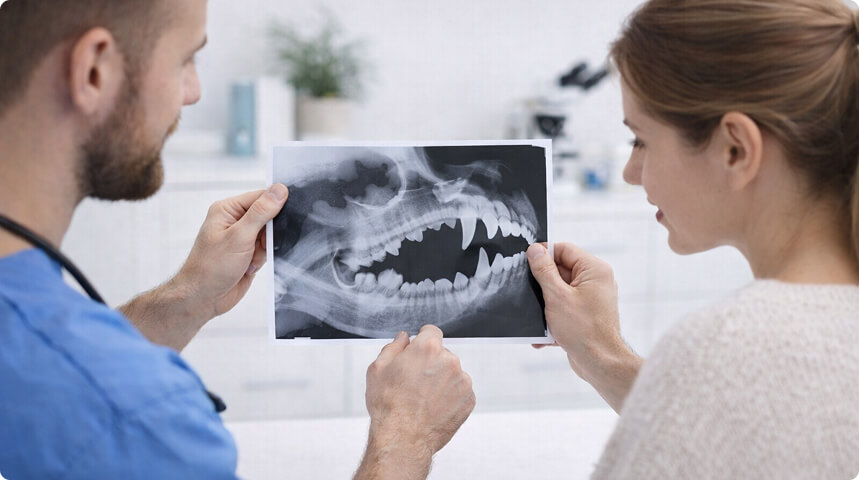 врач показывает владельцу снимок рентгена зубов собаки